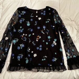 Dujour size SMALL Black blue green Floral Blouse shirt mesh lace long sleeves